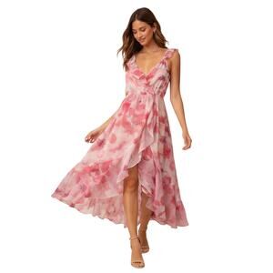 Socialite Pink Floral Midi Dress NWT Ruffle High Low Wrap Sleeveless S